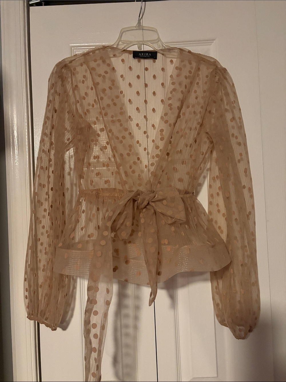AKIRA Nude Sheer Polka Dot Tie-Waist Blouse